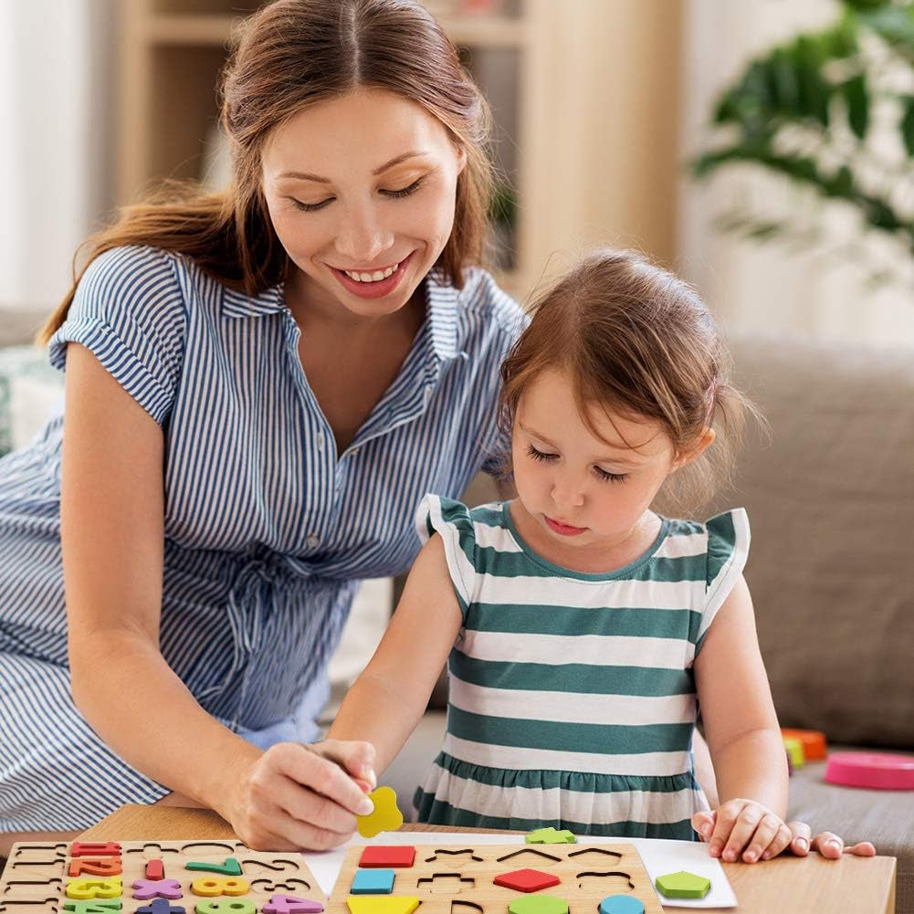Wooden Puzzles for Toddlers, 3 in 1 Wooden Peg Puzzle Set Wooden Alphabet ABC Number Shape Puzzles Board Toddler Preschool Learning Toys for Kids Ages 1-3 Boys and Girls