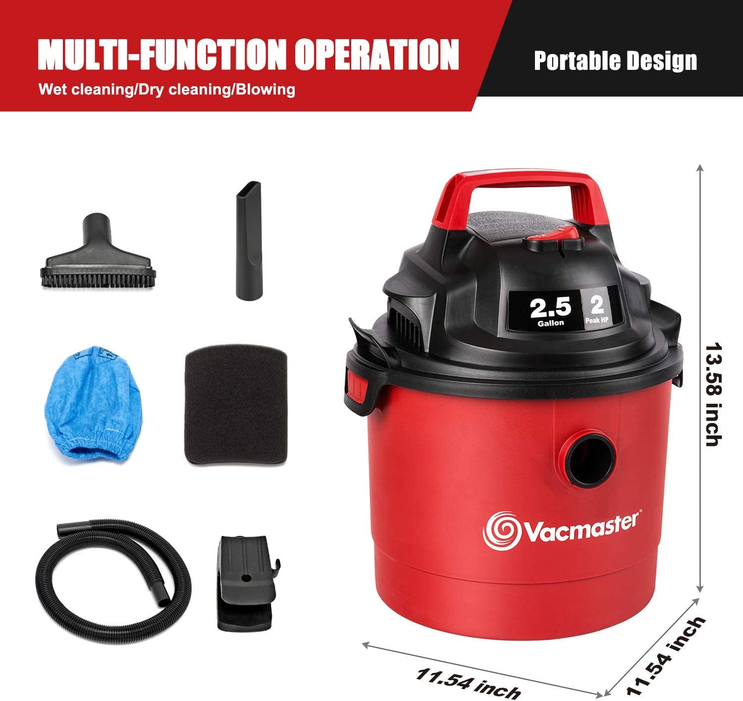 2.5 Gallon Shop Vacuum Cleaner 2 Peak HP Power Suction Lightweight 3-In-1 Wet Dry Vacuum with Blower & Wall Mount Design for Cleaning Car, Boat, Pet Hair, Hard Floor