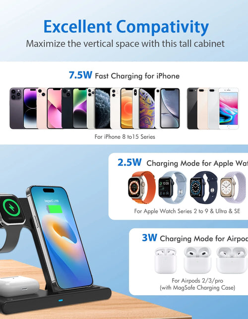 Load image into Gallery viewer, 3 in 1 Wireless Charging Station, 15W QC3.0 Magnetic Fast Charging Stand Dock, Wirelss Charger for Iphone 15 14 13 12 11 Pro Max XS XR, Iwatch Series 9 8 7 6 5 4 3 2 SE, Airpods 3 2 Pro (Black)
