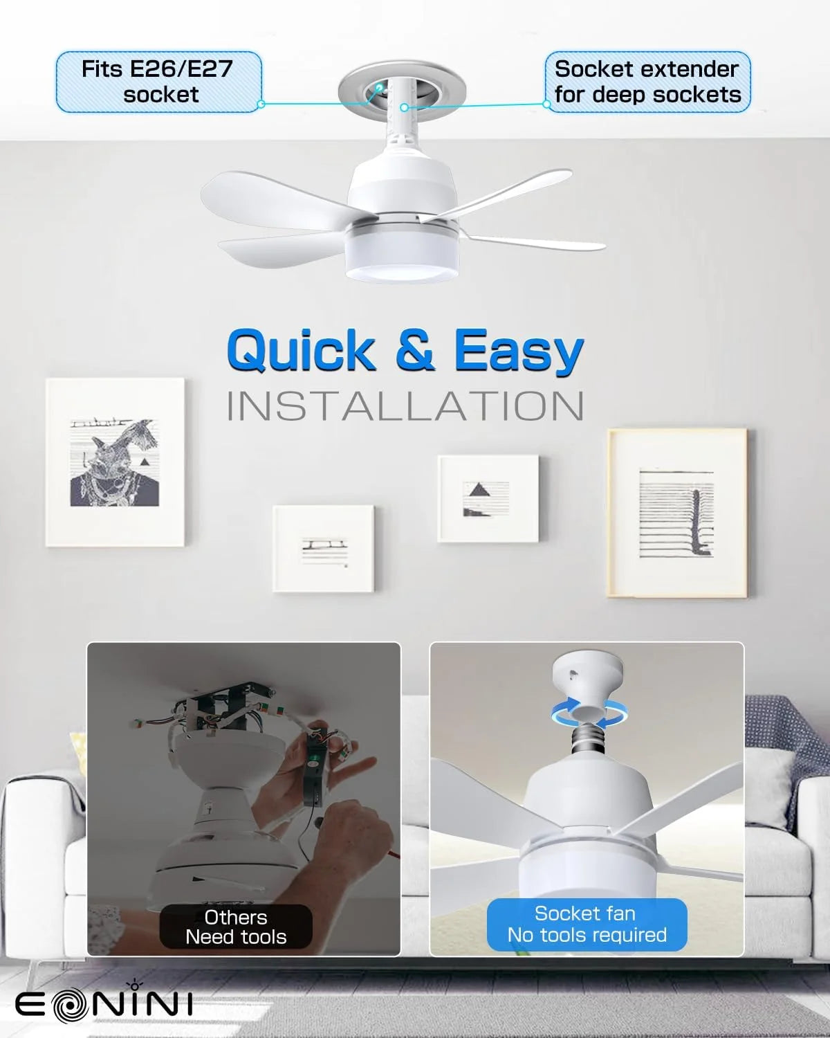 Socket Fan 15" 5 Blades Ceiling Fan 1000 Lumens Light for All Locations