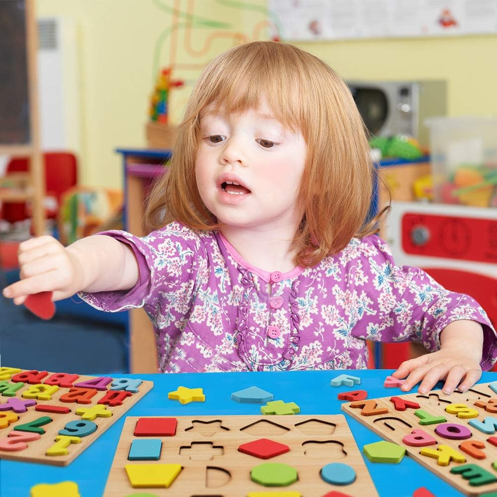 Wooden Puzzles for Toddlers, 3 in 1 Wooden Peg Puzzle Set Wooden Alphabet ABC Number Shape Puzzles Board Toddler Preschool Learning Toys for Kids Ages 1-3 Boys and Girls