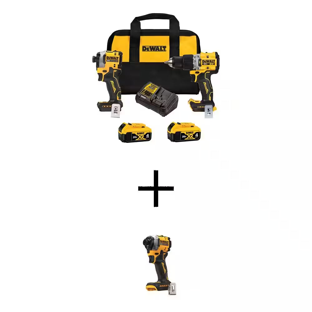 20V MAX XR Hammer Drill and ATOMIC Impact Driver 2 Tool Cordless Combo Kit and 1/4 In. Impact Driver W/(2) 4Ah Batteries