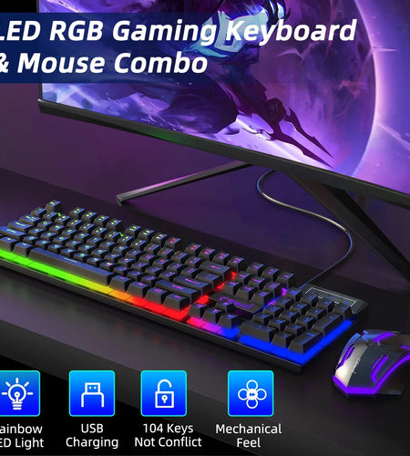 Gaming Keyboard & Mouse, 104 Keys Rainbow LED RGB Backlit Quiet Computer Keyboard, Multimedia Keys, 26 Anti-Ghosting Keys, Waterproof Light up USB Wired Keyboard for PC Gamers Desktop Computer Laptop