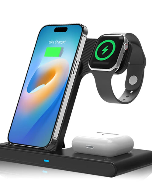 Load image into Gallery viewer, 3 in 1 Wireless Charging Station, 15W QC3.0 Magnetic Fast Charging Stand Dock, Wirelss Charger for Iphone 15 14 13 12 11 Pro Max XS XR, Iwatch Series 9 8 7 6 5 4 3 2 SE, Airpods 3 2 Pro (Black)
