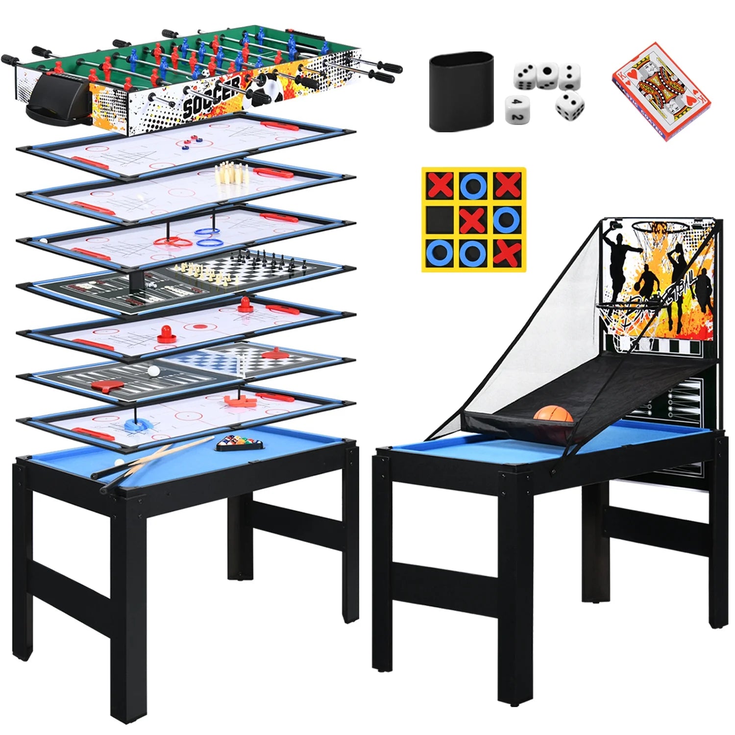 48" Multi Game Tables 15-In-1 Combo Tabletop W/Foosball, Air Hockey, Pool, Ping Pong, Basketball, Chess, Poker, Bowling, Shuffleboard for Family Fun