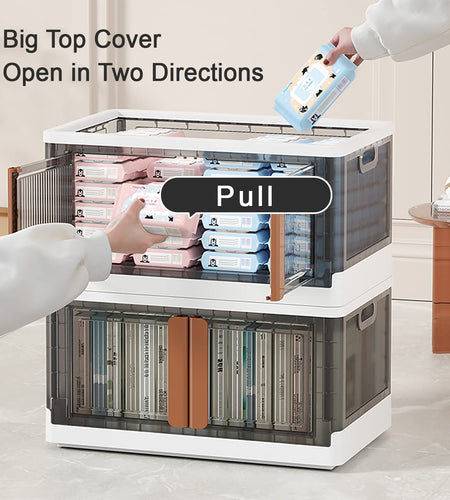 Storage Bins with Lids - 4 Packs 8.5Gal Plastic Storage Bins for Closet Organizers and Storage, Folding Storage Box, Stackable Storage Bins with Open Front Door, Storage Bins with Wheels