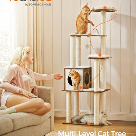 Woodywonders Cat Tree, 65-Inch Modern Cat Tower for Indoor Cats, Multi-Level Cat Condo with 5 Scratching Posts, Perch, Washable Removable Cushions, Cat Furniture, Rustic Brown UPCT166X01