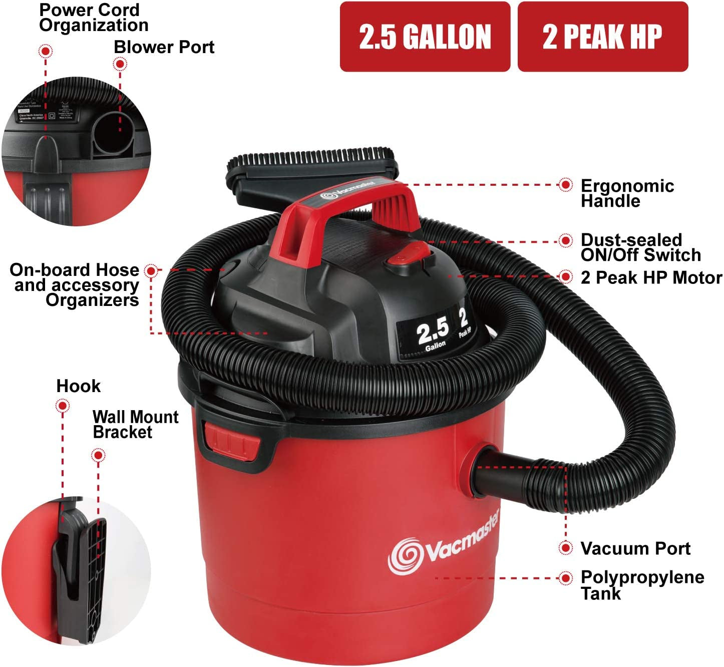 2.5 Gallon Shop Vacuum Cleaner 2 Peak HP Power Suction Lightweight 3-In-1 Wet Dry Vacuum with Blower & Wall Mount Design for Cleaning Car, Boat, Pet Hair, Hard Floor