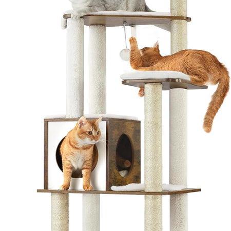 Woodywonders Cat Tree, 65-Inch Modern Cat Tower for Indoor Cats, Multi-Level Cat Condo with 5 Scratching Posts, Perch, Washable Removable Cushions, Cat Furniture, Rustic Brown UPCT166X01