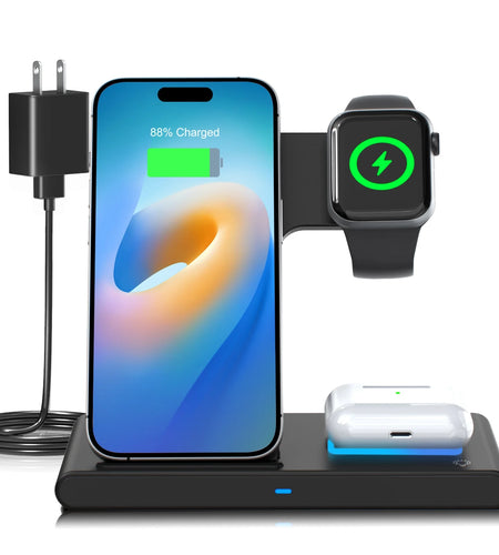 3 in 1 Wireless Charging Station, 15W QC3.0 Magnetic Fast Charging Stand Dock, Wirelss Charger for Iphone 15 14 13 12 11 Pro Max XS XR, Iwatch Series 9 8 7 6 5 4 3 2 SE, Airpods 3 2 Pro (Black)