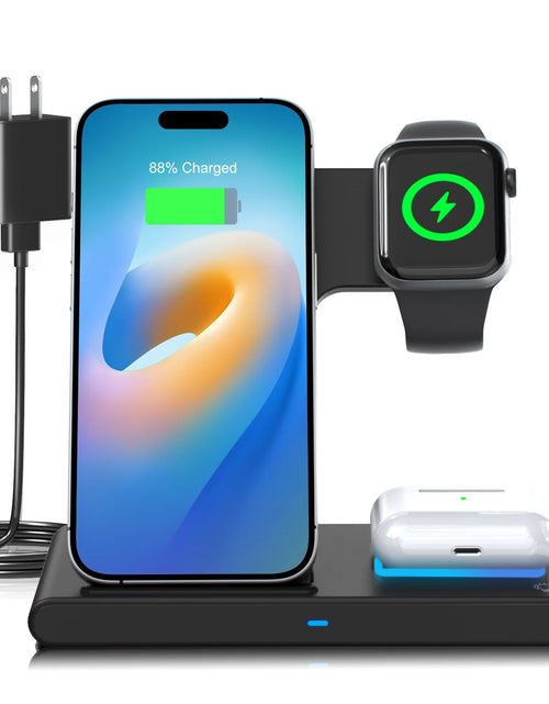 Load image into Gallery viewer, 3 in 1 Wireless Charging Station, 15W QC3.0 Magnetic Fast Charging Stand Dock, Wirelss Charger for Iphone 15 14 13 12 11 Pro Max XS XR, Iwatch Series 9 8 7 6 5 4 3 2 SE, Airpods 3 2 Pro (Black)

