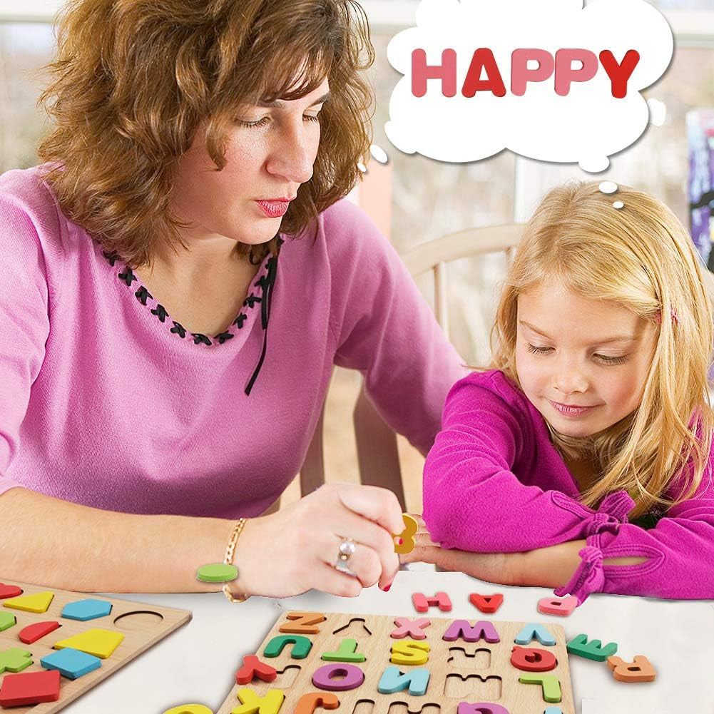 Wooden Puzzles for Toddlers, 3 in 1 Wooden Peg Puzzle Set Wooden Alphabet ABC Number Shape Puzzles Board Toddler Preschool Learning Toys for Kids Ages 1-3 Boys and Girls