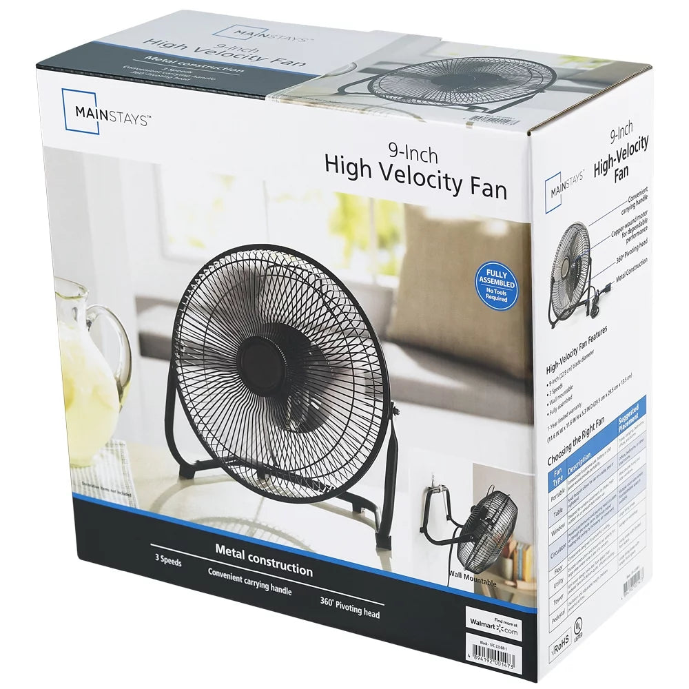 New 9 Inch High Velocity Floor Fan Wall Mountable Black