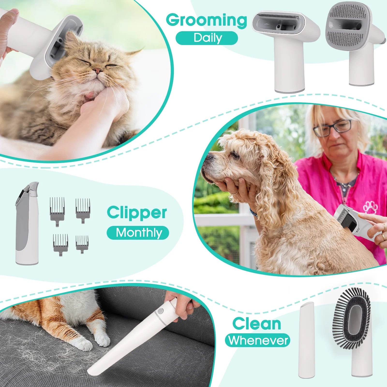 Dog Grooming Kit and Vaccum, 11Kpa Low Noise Pet Grooming Vacuum with 3 Suction Mode, 5 in 1 Dog Vacuum, 2.5L Dustbin for Dogs, Cats and Other Animals