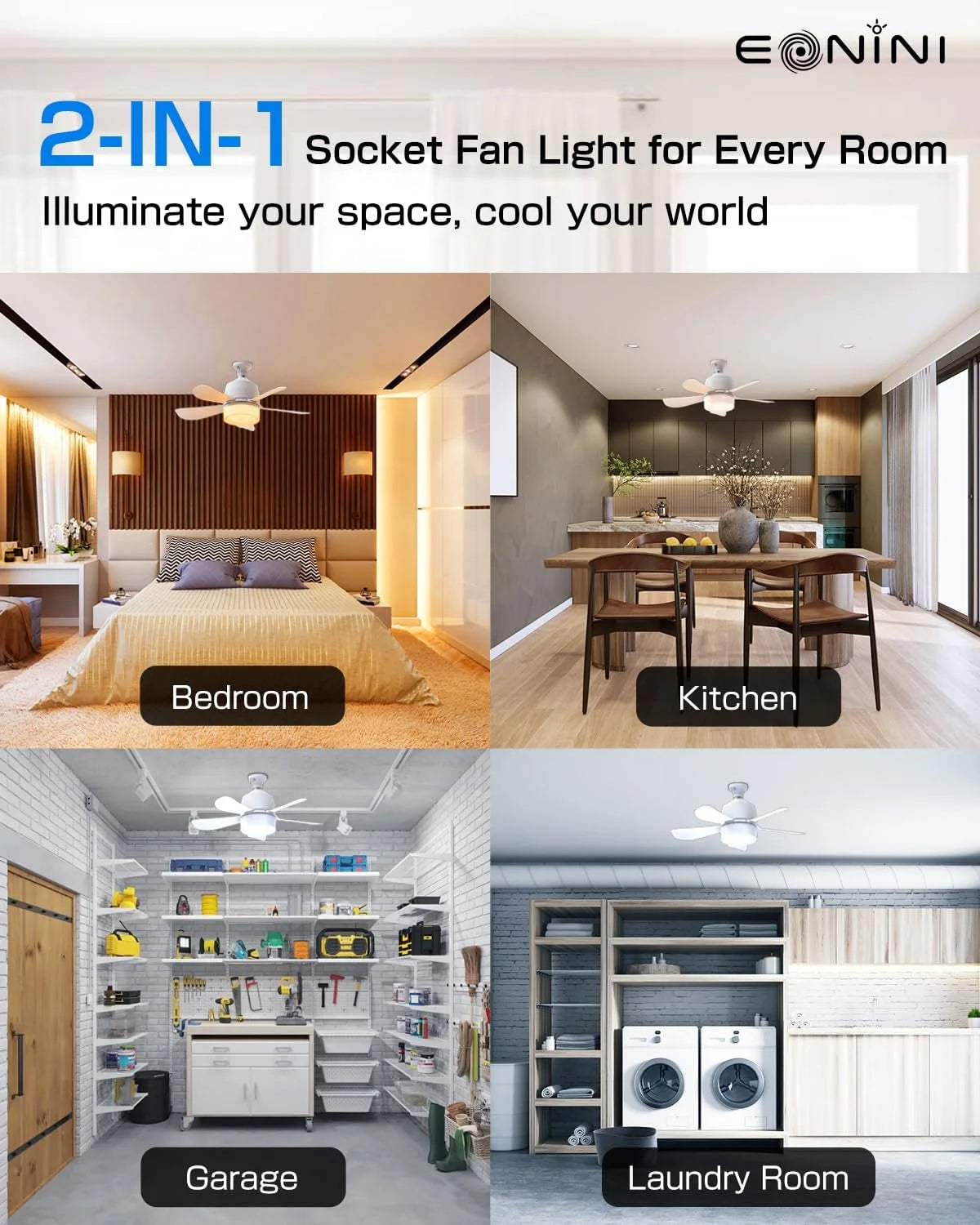 Socket Fan 15" 5 Blades Ceiling Fan 1000 Lumens Light for All Locations
