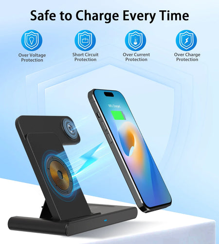 3 in 1 Wireless Charging Station, 15W QC3.0 Magnetic Fast Charging Stand Dock, Wirelss Charger for Iphone 15 14 13 12 11 Pro Max XS XR, Iwatch Series 9 8 7 6 5 4 3 2 SE, Airpods 3 2 Pro (Black)