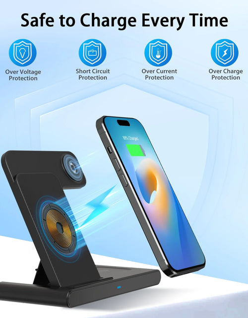Load image into Gallery viewer, 3 in 1 Wireless Charging Station, 15W QC3.0 Magnetic Fast Charging Stand Dock, Wirelss Charger for Iphone 15 14 13 12 11 Pro Max XS XR, Iwatch Series 9 8 7 6 5 4 3 2 SE, Airpods 3 2 Pro (Black)
