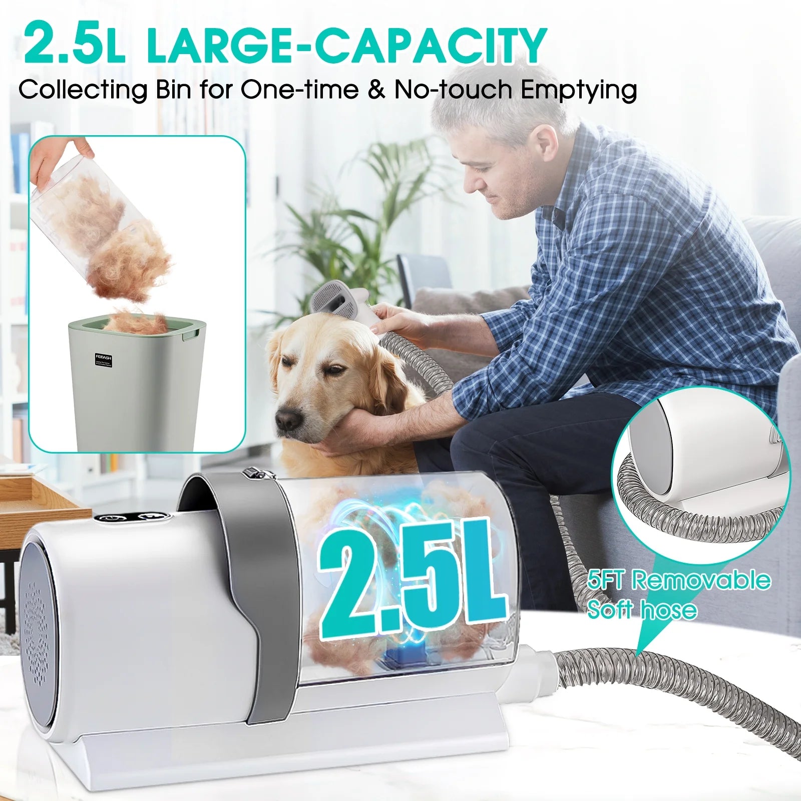 Dog Grooming Kit and Vaccum, 11Kpa Low Noise Pet Grooming Vacuum with 3 Suction Mode, 5 in 1 Dog Vacuum, 2.5L Dustbin for Dogs, Cats and Other Animals