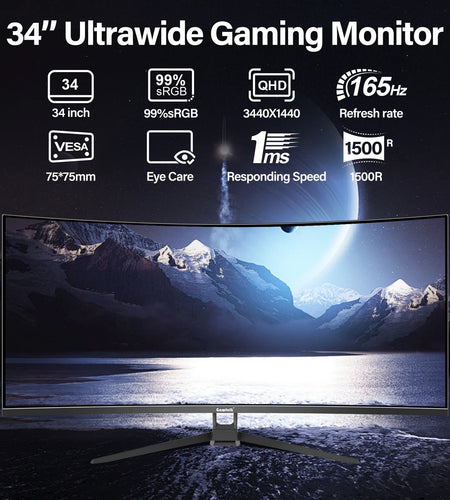 34 Inch Ultrawide Curved Gaming Monitor, 1500R PC Screen 165Hz UWQHD 3440X1440, Curved Computer Screen with Freesync and Eye Care Technology