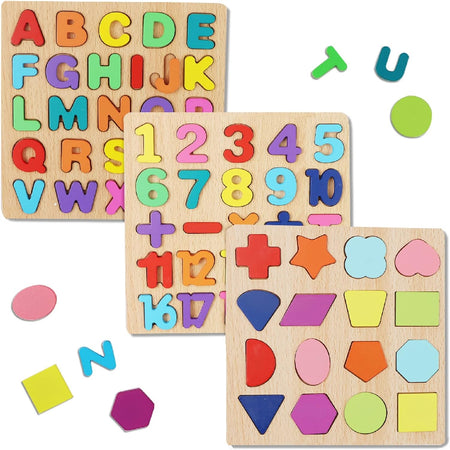 Wooden Puzzles for Toddlers, 3 in 1 Wooden Peg Puzzle Set Wooden Alphabet ABC Number Shape Puzzles Board Toddler Preschool Learning Toys for Kids Ages 1-3 Boys and Girls