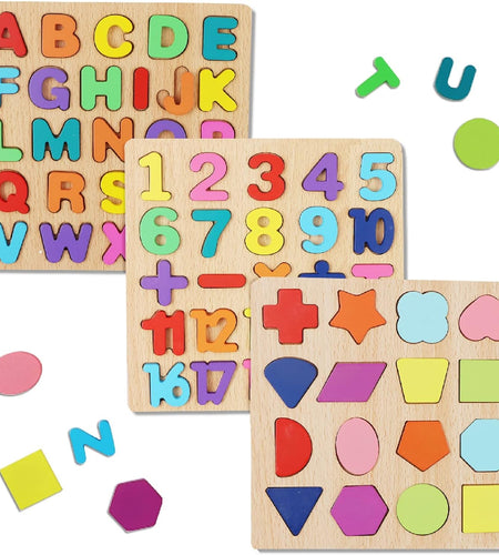 Wooden Puzzles for Toddlers, 3 in 1 Wooden Peg Puzzle Set Wooden Alphabet ABC Number Shape Puzzles Board Toddler Preschool Learning Toys for Kids Ages 1-3 Boys and Girls