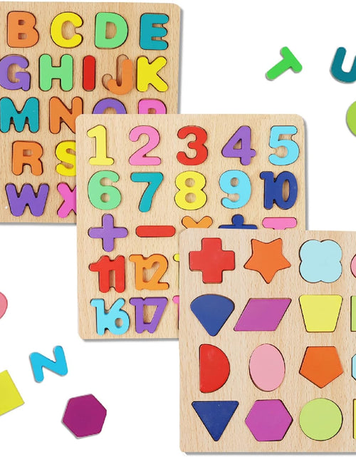 Load image into Gallery viewer, Wooden Puzzles for Toddlers, 3 in 1 Wooden Peg Puzzle Set Wooden Alphabet ABC Number Shape Puzzles Board Toddler Preschool Learning Toys for Kids Ages 1-3 Boys and Girls
