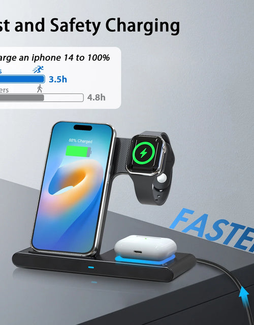 Load image into Gallery viewer, 3 in 1 Wireless Charging Station, 15W QC3.0 Magnetic Fast Charging Stand Dock, Wirelss Charger for Iphone 15 14 13 12 11 Pro Max XS XR, Iwatch Series 9 8 7 6 5 4 3 2 SE, Airpods 3 2 Pro (Black)
