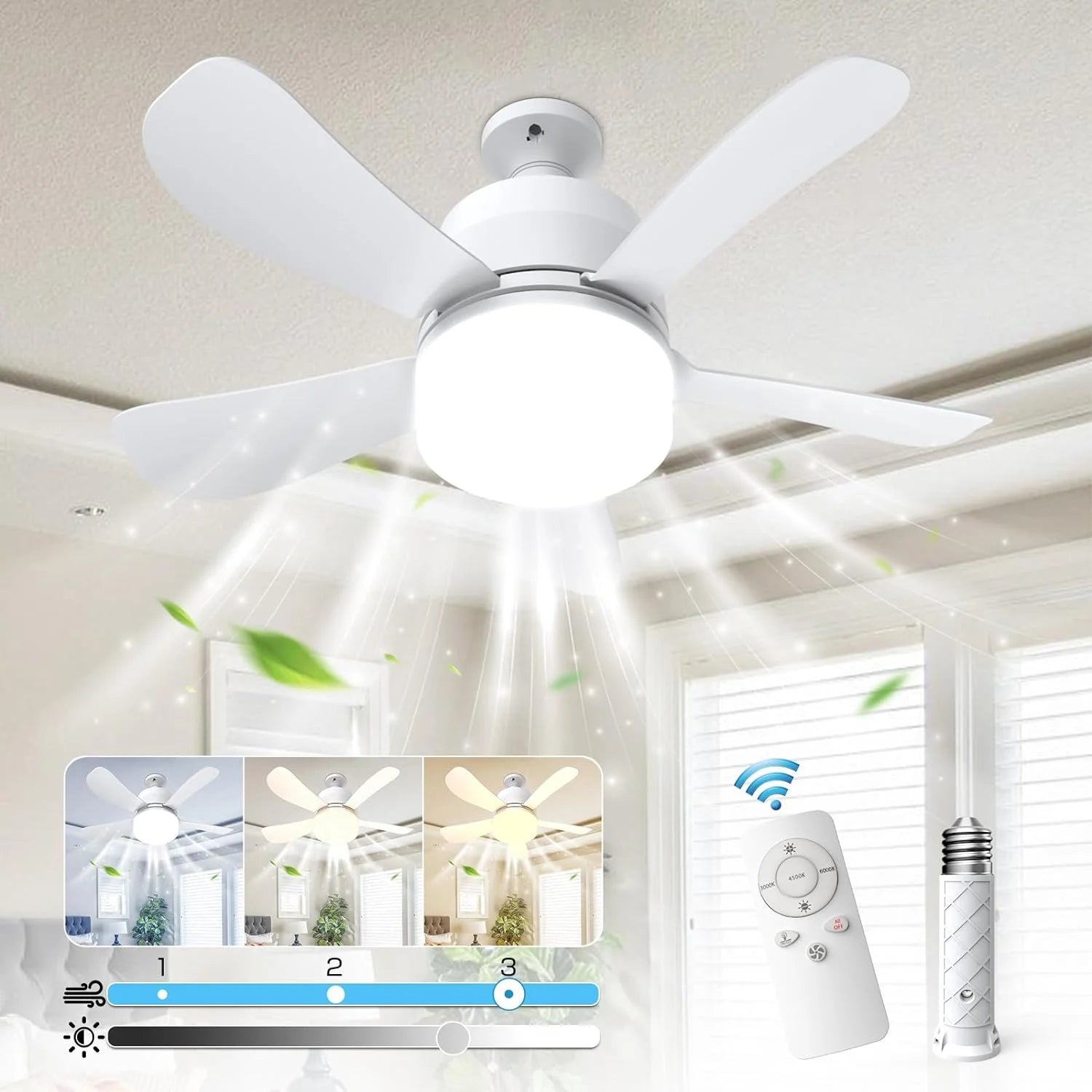 Socket Fan 15" 5 Blades Ceiling Fan 1000 Lumens Light for All Locations