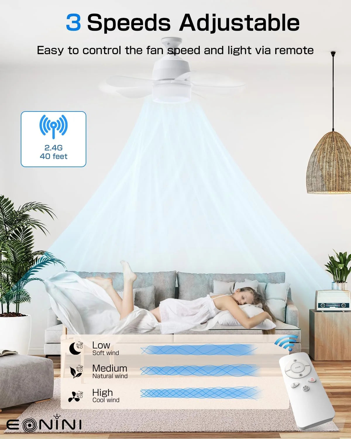 Socket Fan 15" 5 Blades Ceiling Fan 1000 Lumens Light for All Locations