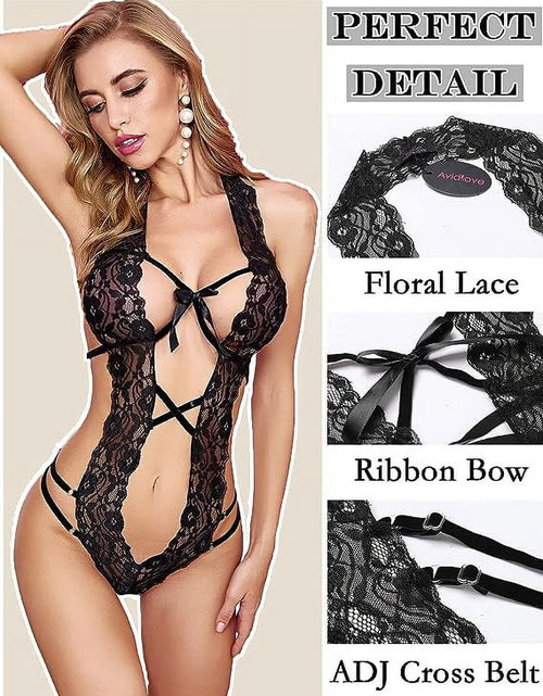 Load image into Gallery viewer, Women Lace Lingerie Deep V Bodysuit One Piece Babydoll Teddy Underwear Black
