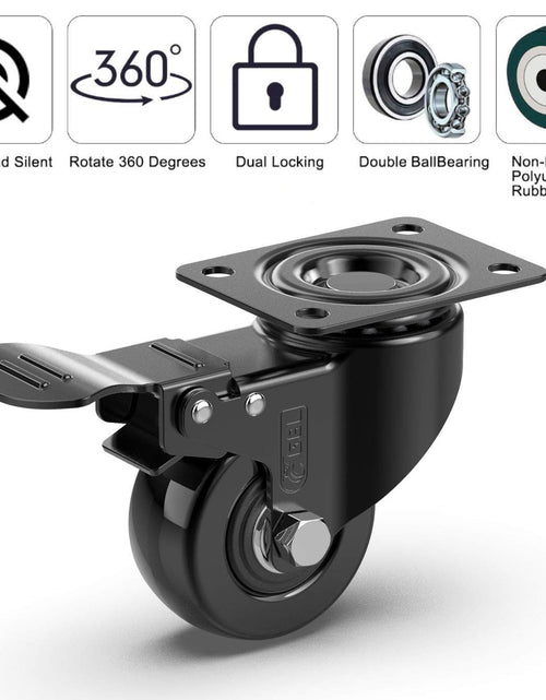 Load image into Gallery viewer, 2" Heavy Duty Caster Wheels with 2 Brakes + Screws - up to 440Lbs - Set of 4 No Floor Marks Silent Castor for Furniture - Rubbered Trolley Wheels - Black Casters
