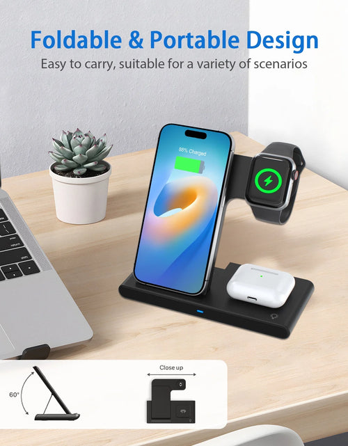Load image into Gallery viewer, 3 in 1 Wireless Charging Station, 15W QC3.0 Magnetic Fast Charging Stand Dock, Wirelss Charger for Iphone 15 14 13 12 11 Pro Max XS XR, Iwatch Series 9 8 7 6 5 4 3 2 SE, Airpods 3 2 Pro (Black)

