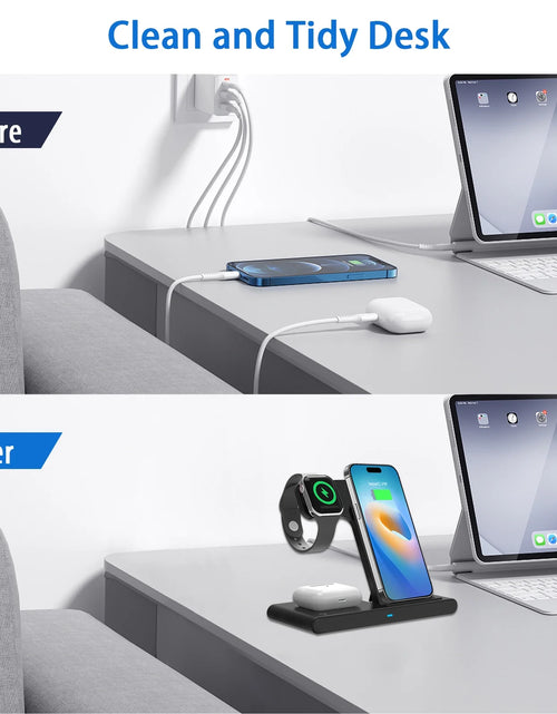 Load image into Gallery viewer, 3 in 1 Wireless Charging Station, 15W QC3.0 Magnetic Fast Charging Stand Dock, Wirelss Charger for Iphone 15 14 13 12 11 Pro Max XS XR, Iwatch Series 9 8 7 6 5 4 3 2 SE, Airpods 3 2 Pro (Black)
