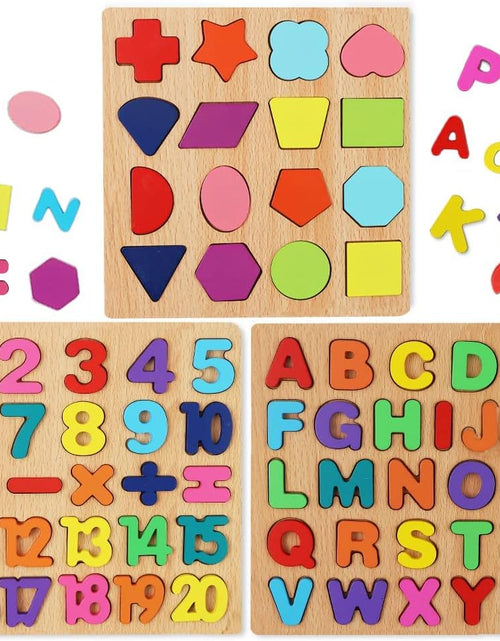 Load image into Gallery viewer, Wooden Puzzles for Toddlers, 3 in 1 Wooden Peg Puzzle Set Wooden Alphabet ABC Number Shape Puzzles Board Toddler Preschool Learning Toys for Kids Ages 1-3 Boys and Girls
