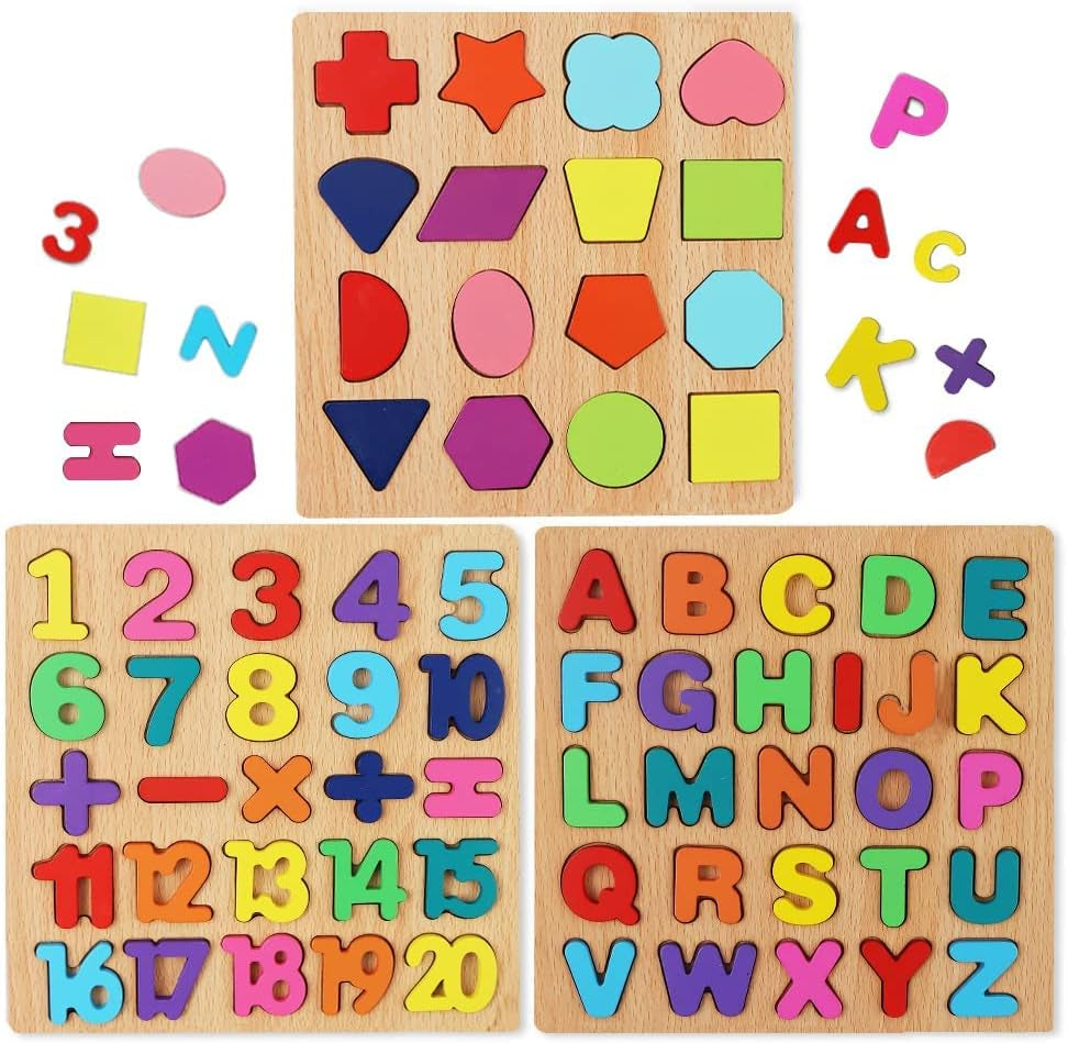 Wooden Puzzles for Toddlers, 3 in 1 Wooden Peg Puzzle Set Wooden Alphabet ABC Number Shape Puzzles Board Toddler Preschool Learning Toys for Kids Ages 1-3 Boys and Girls