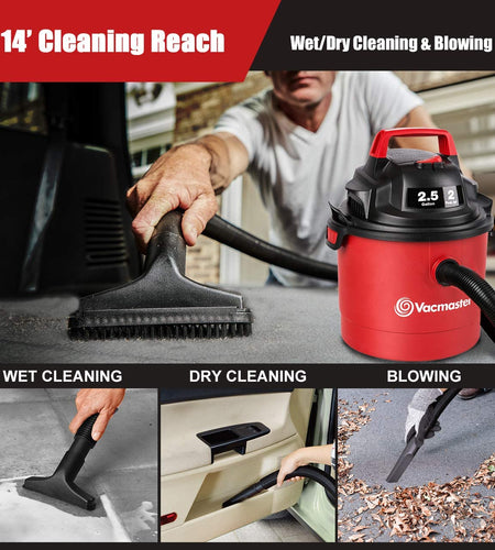 2.5 Gallon Shop Vacuum Cleaner 2 Peak HP Power Suction Lightweight 3-In-1 Wet Dry Vacuum with Blower & Wall Mount Design for Cleaning Car, Boat, Pet Hair, Hard Floor