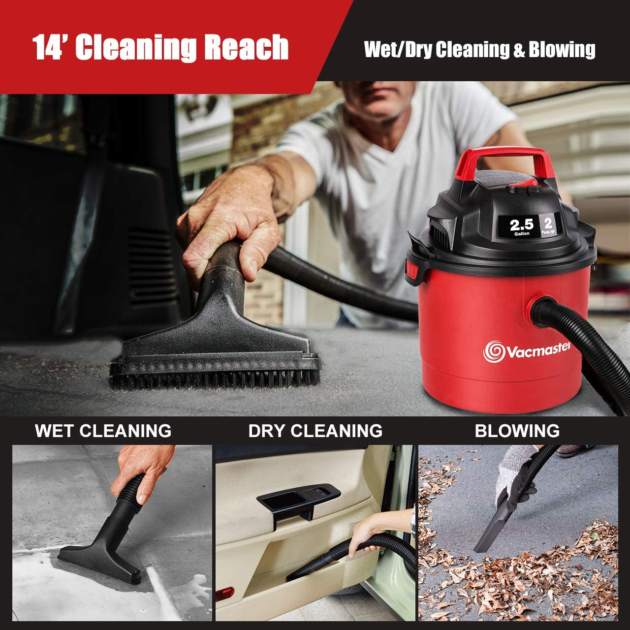 2.5 Gallon Shop Vacuum Cleaner 2 Peak HP Power Suction Lightweight 3-In-1 Wet Dry Vacuum with Blower & Wall Mount Design for Cleaning Car, Boat, Pet Hair, Hard Floor