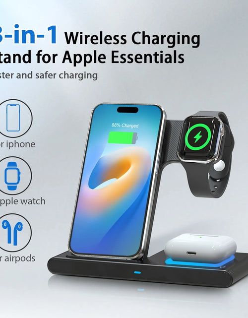 Load image into Gallery viewer, 3 in 1 Wireless Charging Station, 15W QC3.0 Magnetic Fast Charging Stand Dock, Wirelss Charger for Iphone 15 14 13 12 11 Pro Max XS XR, Iwatch Series 9 8 7 6 5 4 3 2 SE, Airpods 3 2 Pro (Black)
