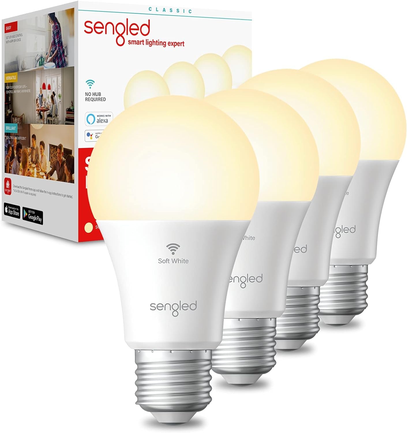Alexa, Wifi, Smart Light Bulbs That Work with Alexa & Google Assistant,A19 Soft White(2700K)No Hub Required,800Lm 60W Equivalent Highcri)90,4Count(Pack of 1)